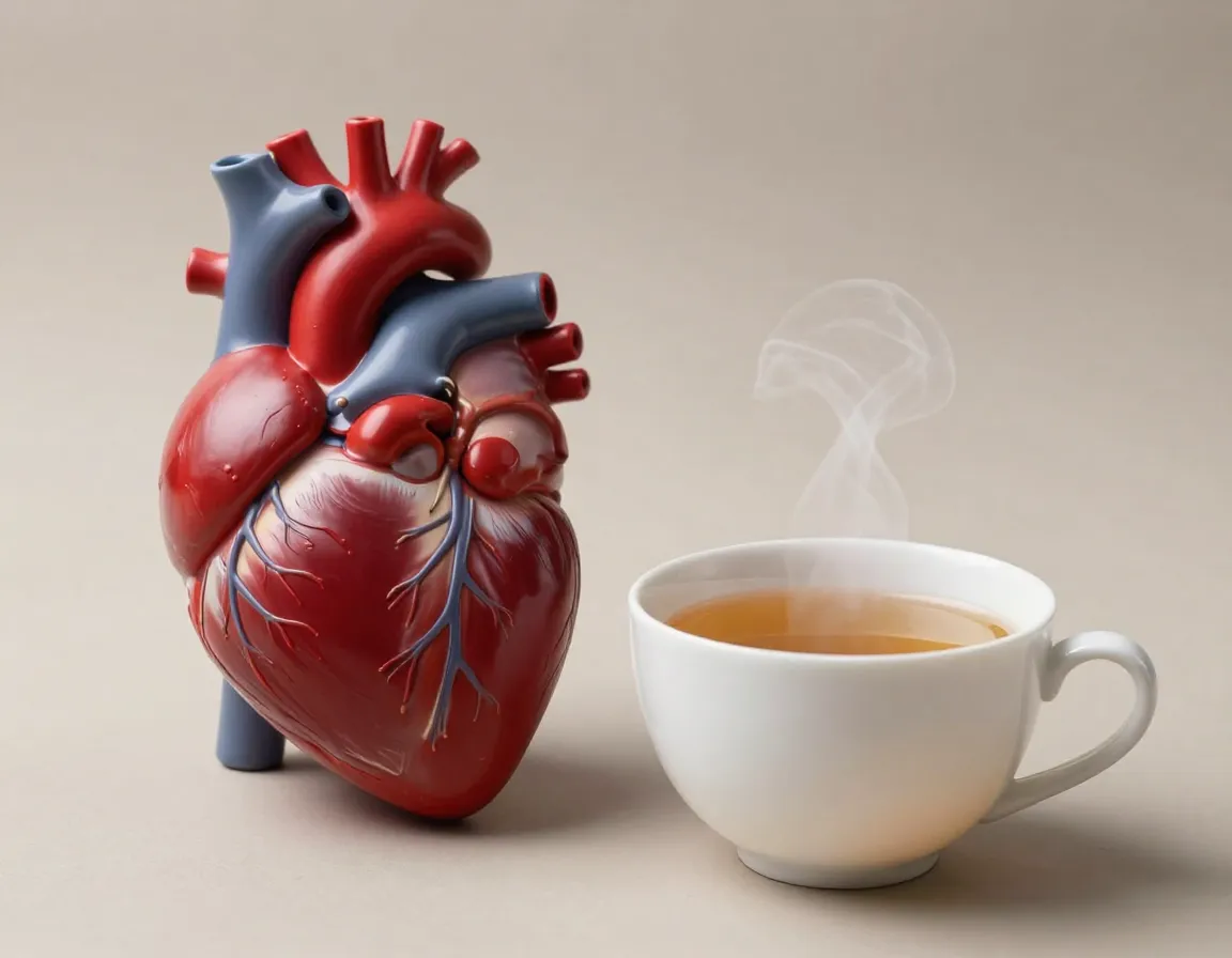 A healthy human heart model next to a steaming cup of tulsi tea