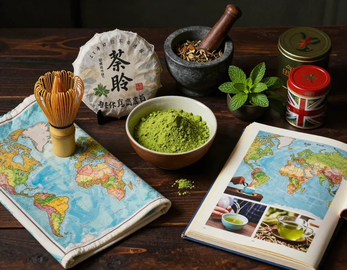 Cultural exploration tea basket with matcha whisk and world map
