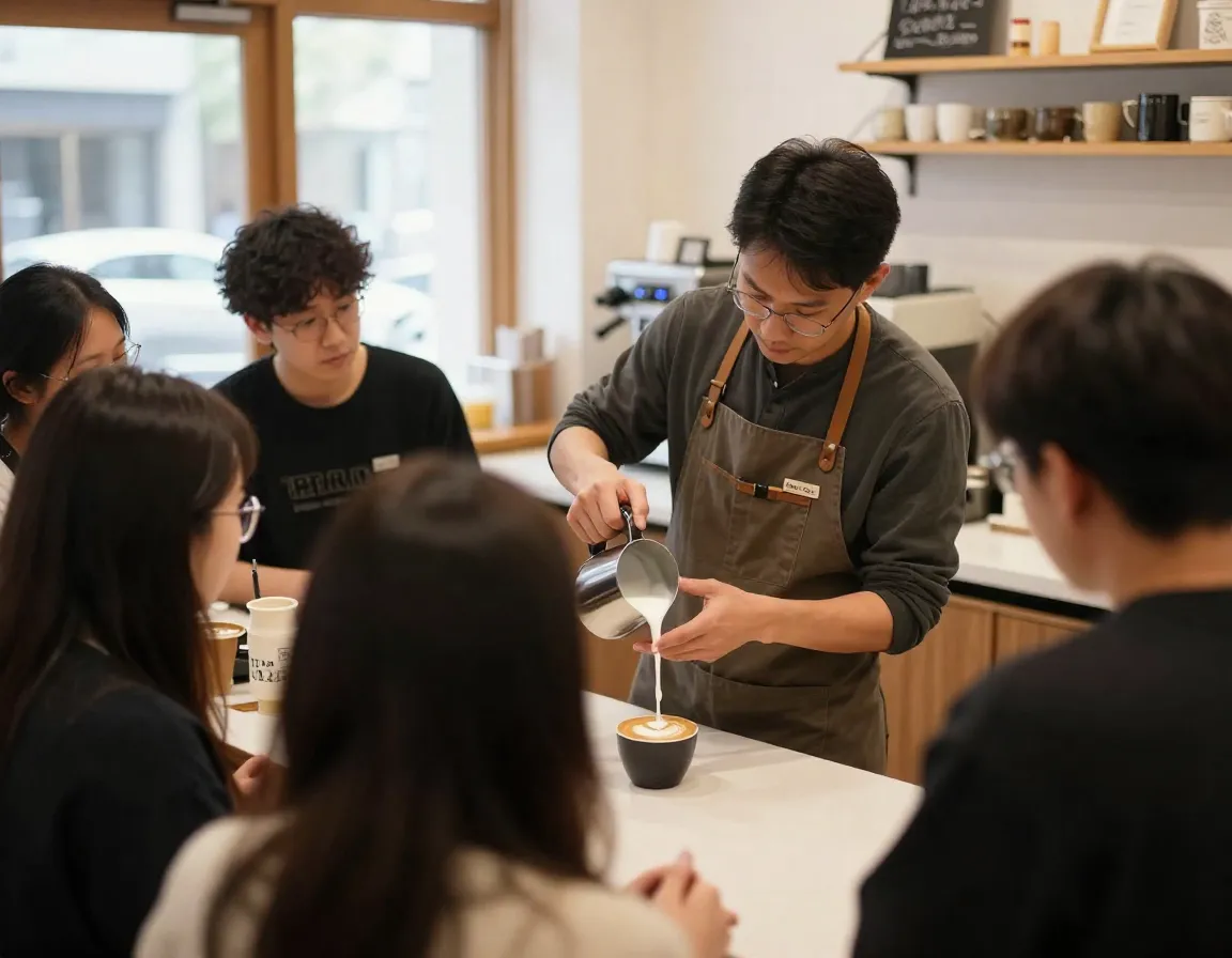 Experienced barista instructor demonstrating milk texturing technique to students