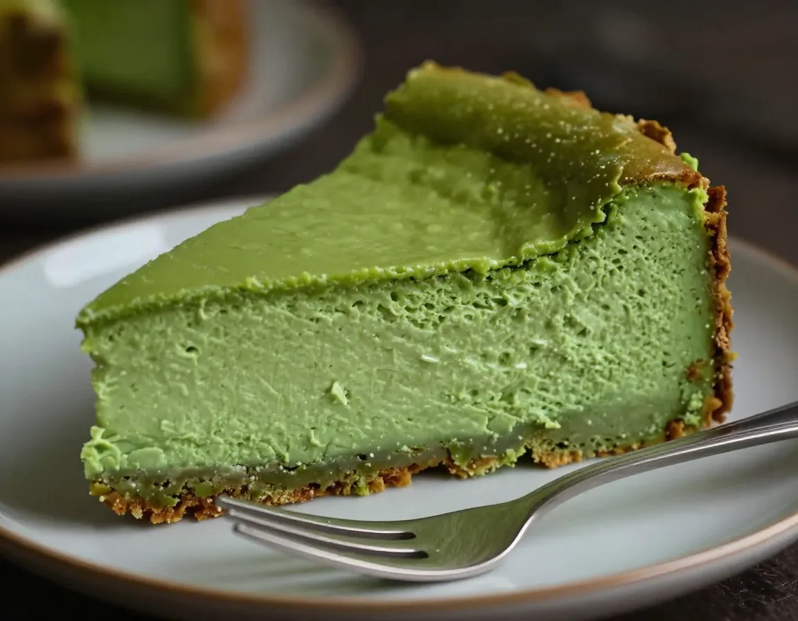 Green tea cream cheese cake dense velvety slice with fork