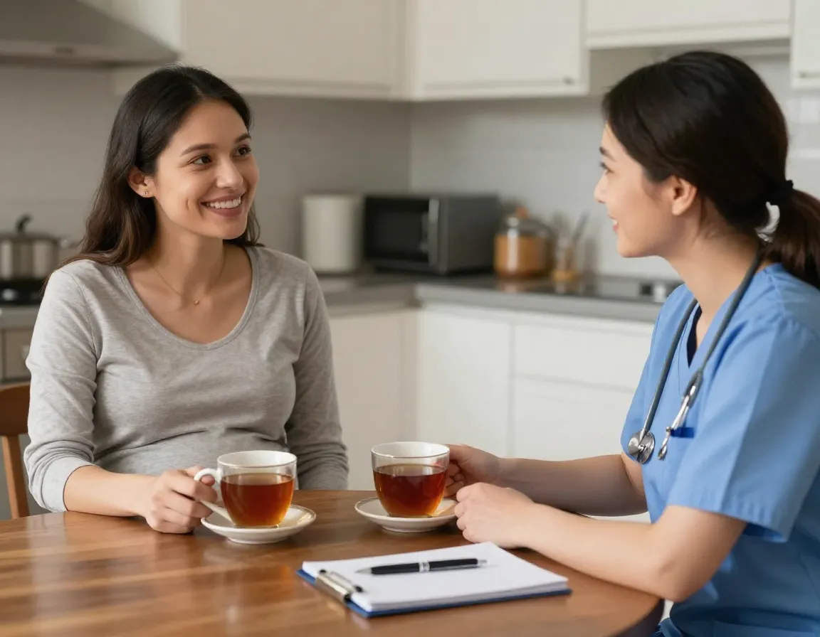 A pregnant woman in her third trimester consulting a midwife over tea