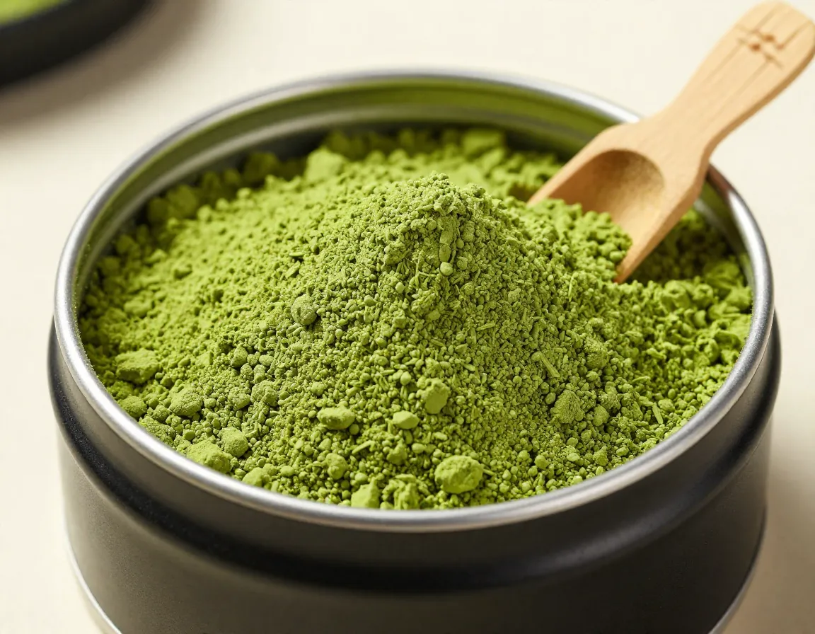 High quality vibrant green matcha powder in a tin