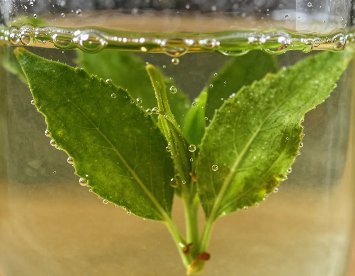 Macro view of fresh tulsi leaves releasing antioxidants in hot water