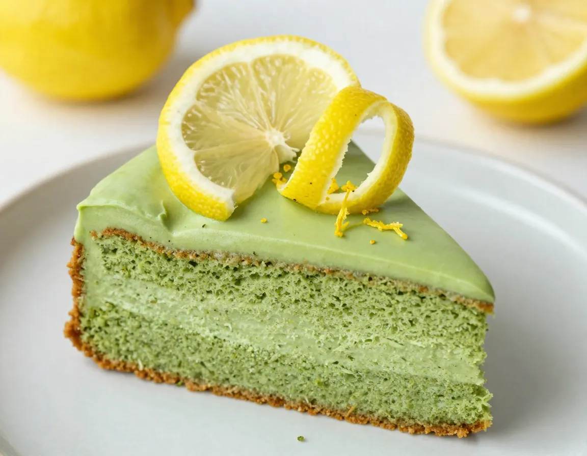 Matcha lemon cake bright citrus garnished slice
