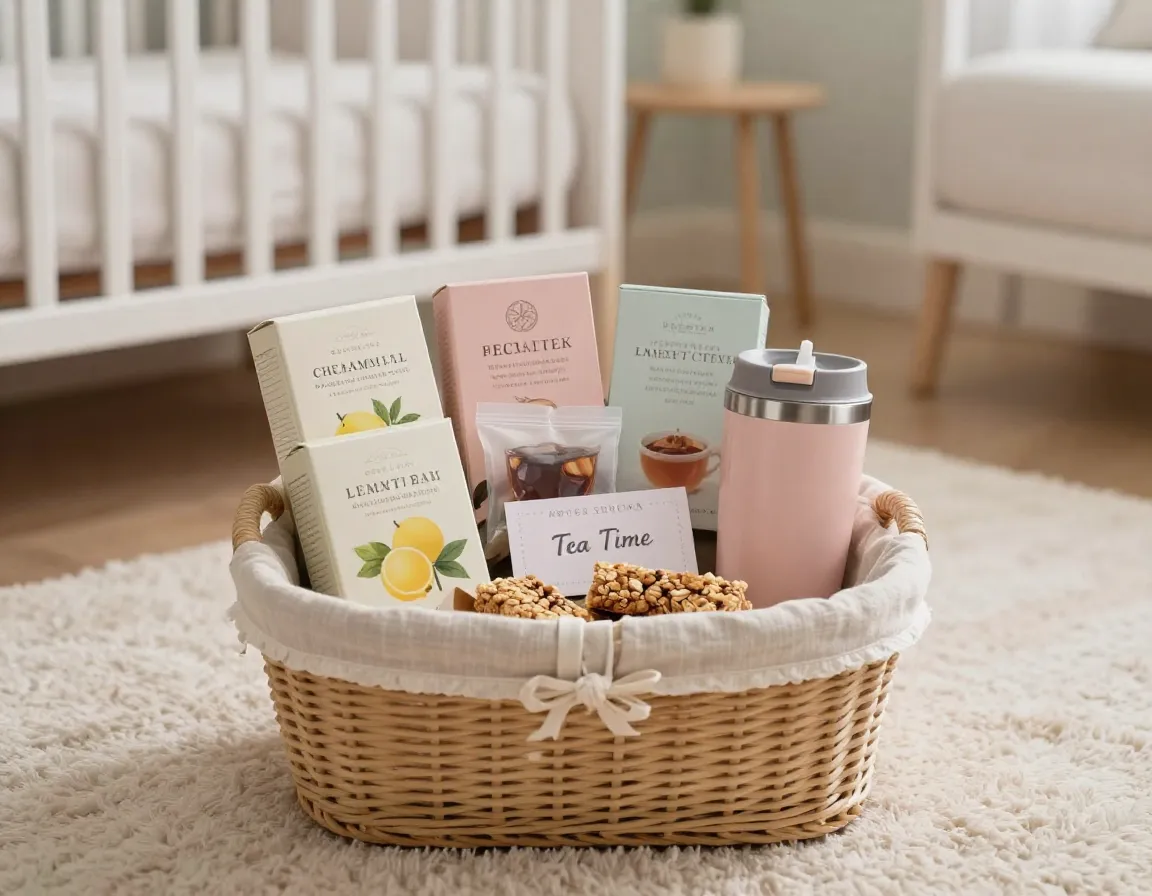 New parent survival basket with herbal teas and insulated mug