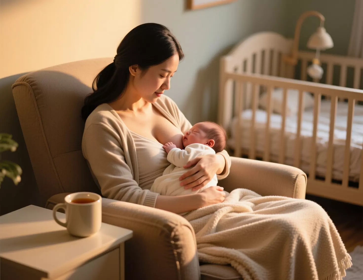 A new mother breastfeeding her baby while holding a warm mug
