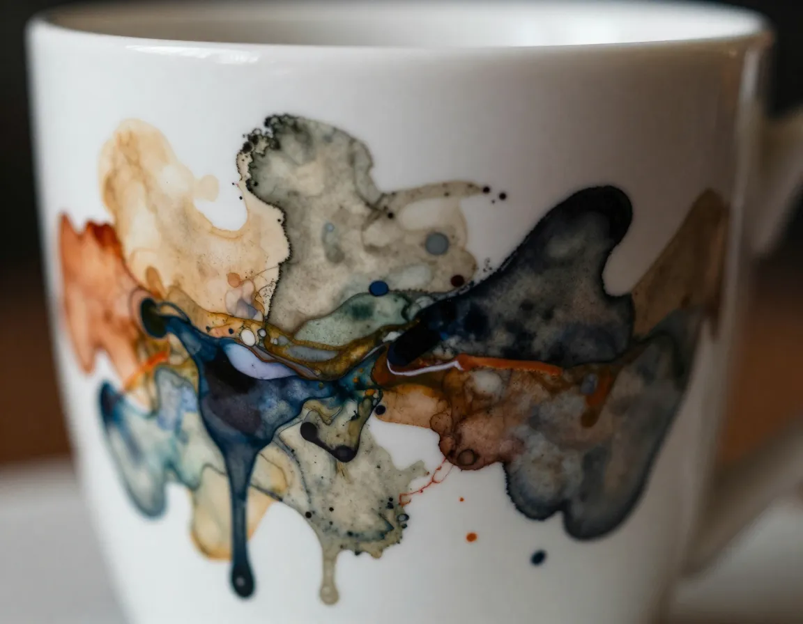Abstract expressionist coffee cup with fluid art techniques