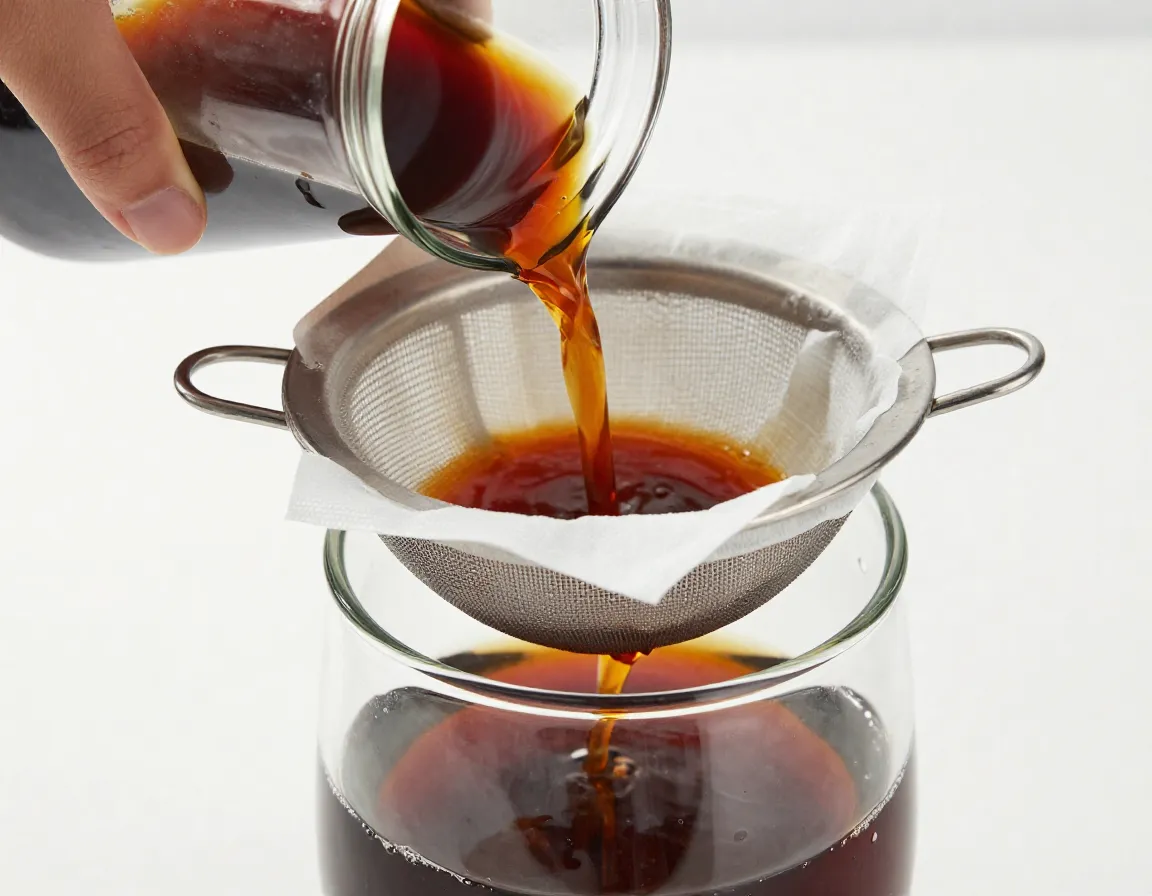 Double filtering cold brew concentrate through cheesecloth and fine mesh