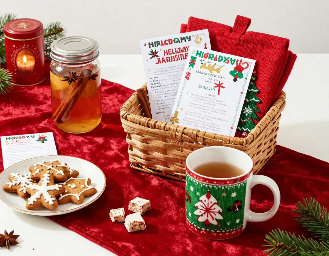 Holiday celebration seasonal basket with spiced tea and festive mug