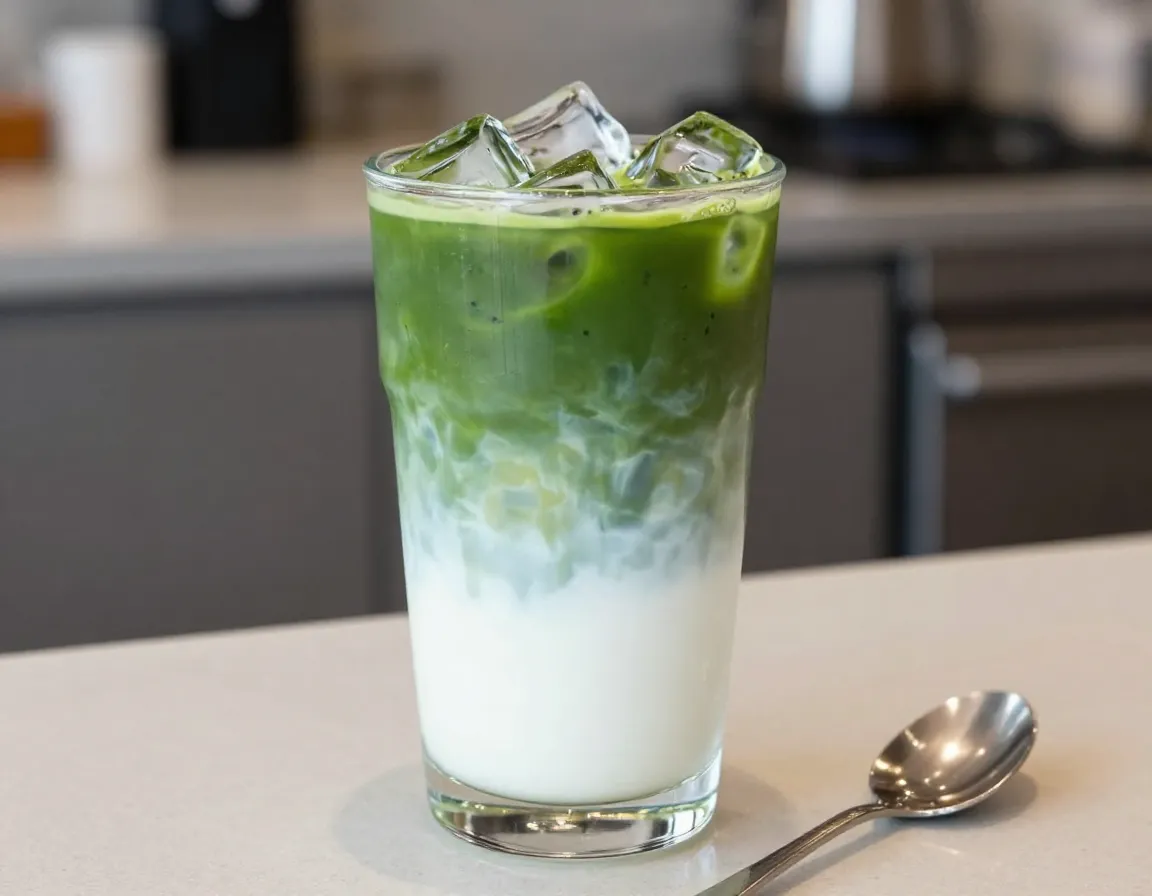 Layered iced matcha latte in a clear glass