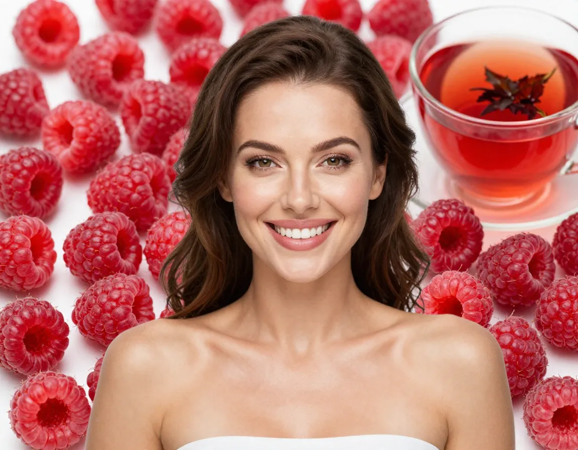 A glowing healthy woman surrounded by antioxidant rich berries and tea