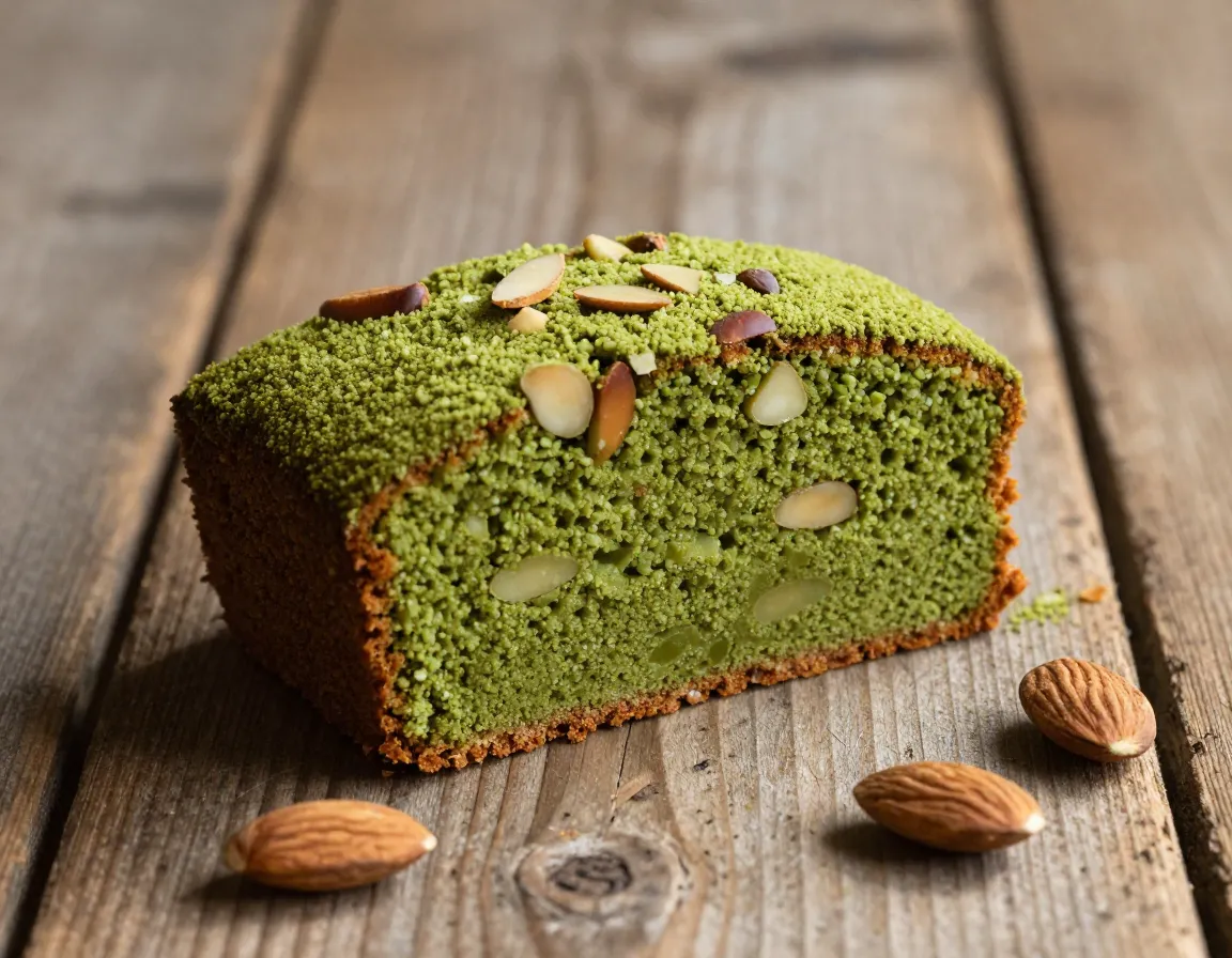 Matcha almond cake dense nutty slice on a rustic table