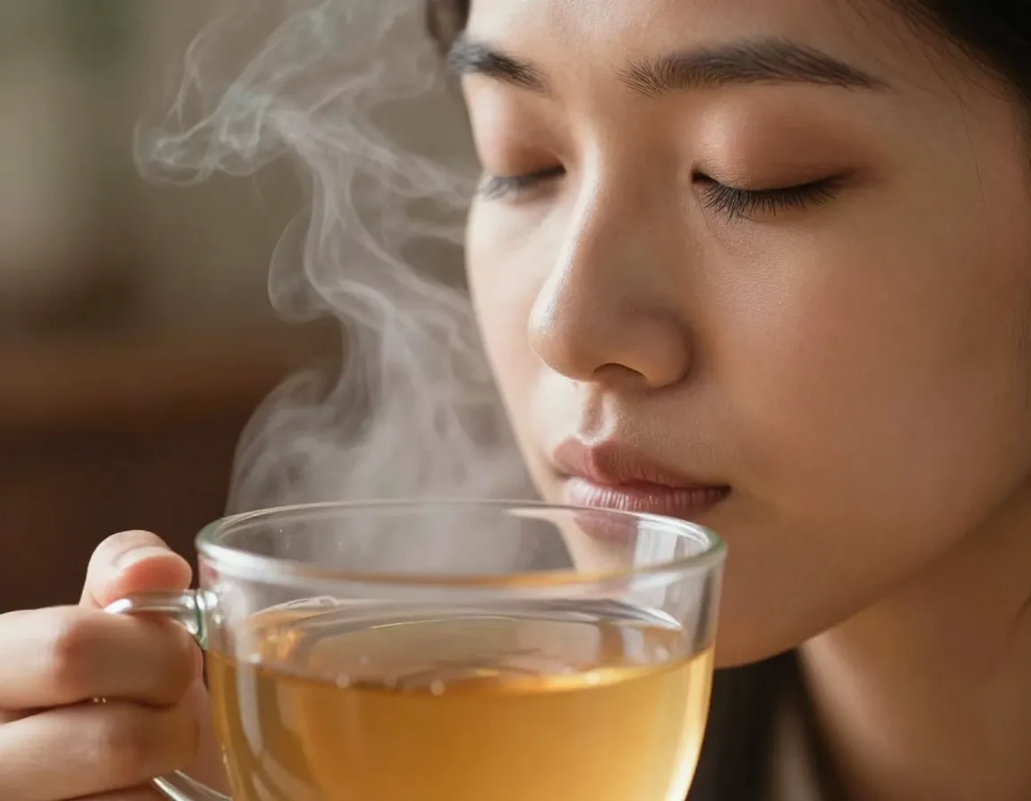 Person inhaling steam from a hot mug of tulsi tea for respiratory relief