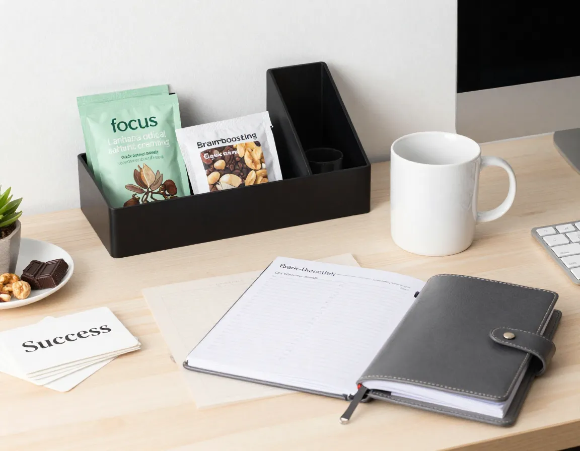 Professional success basket with focus tea and productivity planner