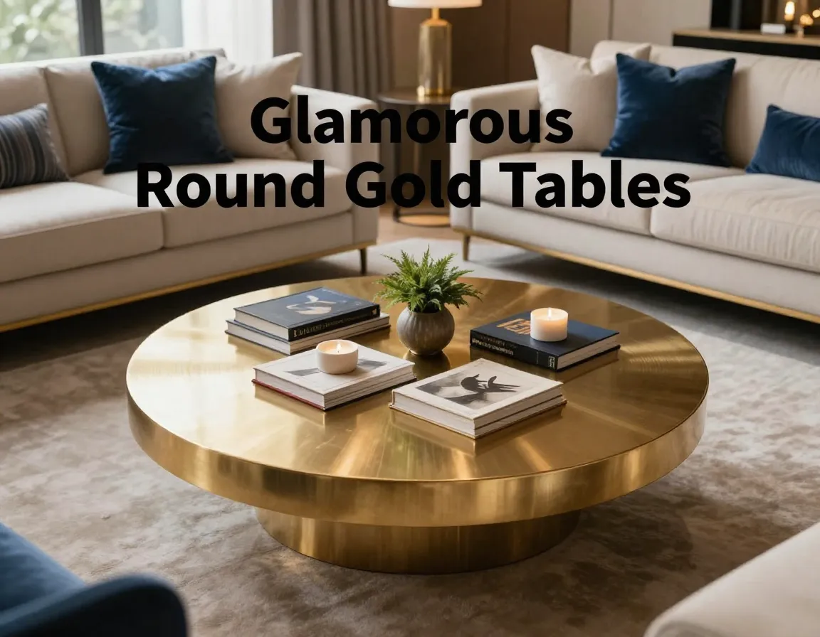 Gold round coffee table styled in modern luxury lounge overhead shot