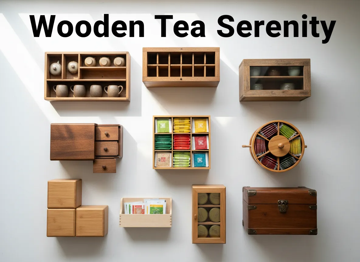 Nine wooden tea organizers flatlay on clean counter