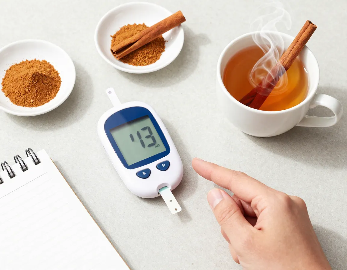 Blood glucose meter and cinnamon tea on a kitchen counter