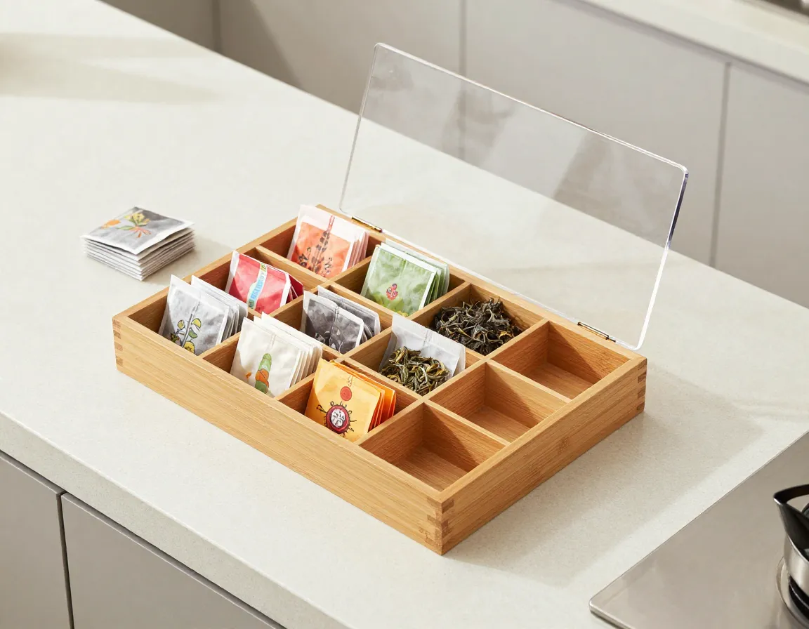 Classic bamboo multi compartment organizer on a kitchen countertop