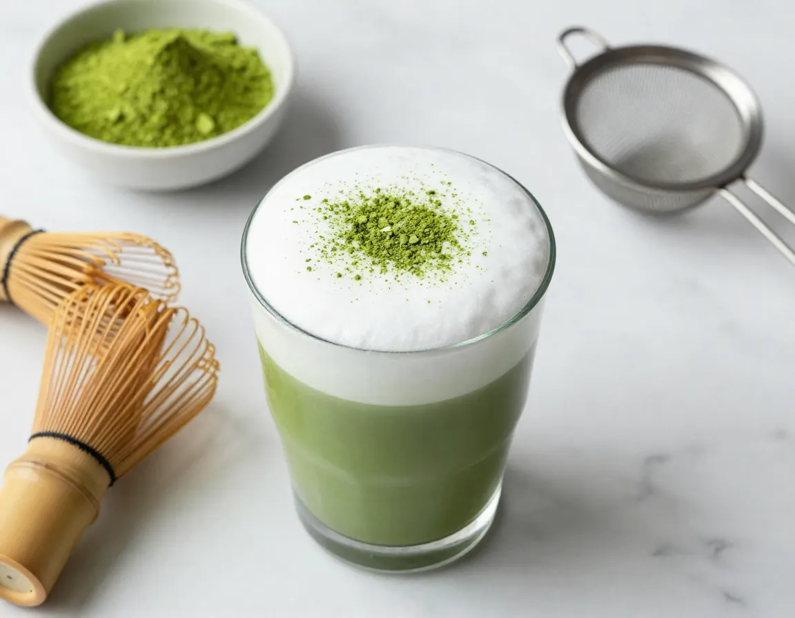 Cloud topped matcha latte with ethereal foam on a marble surface