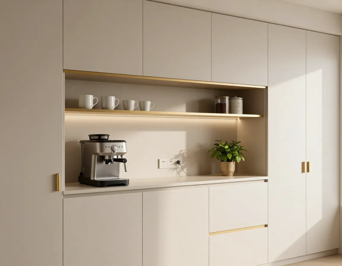 Sleek built in coffee niche with brass accents and concealed storage