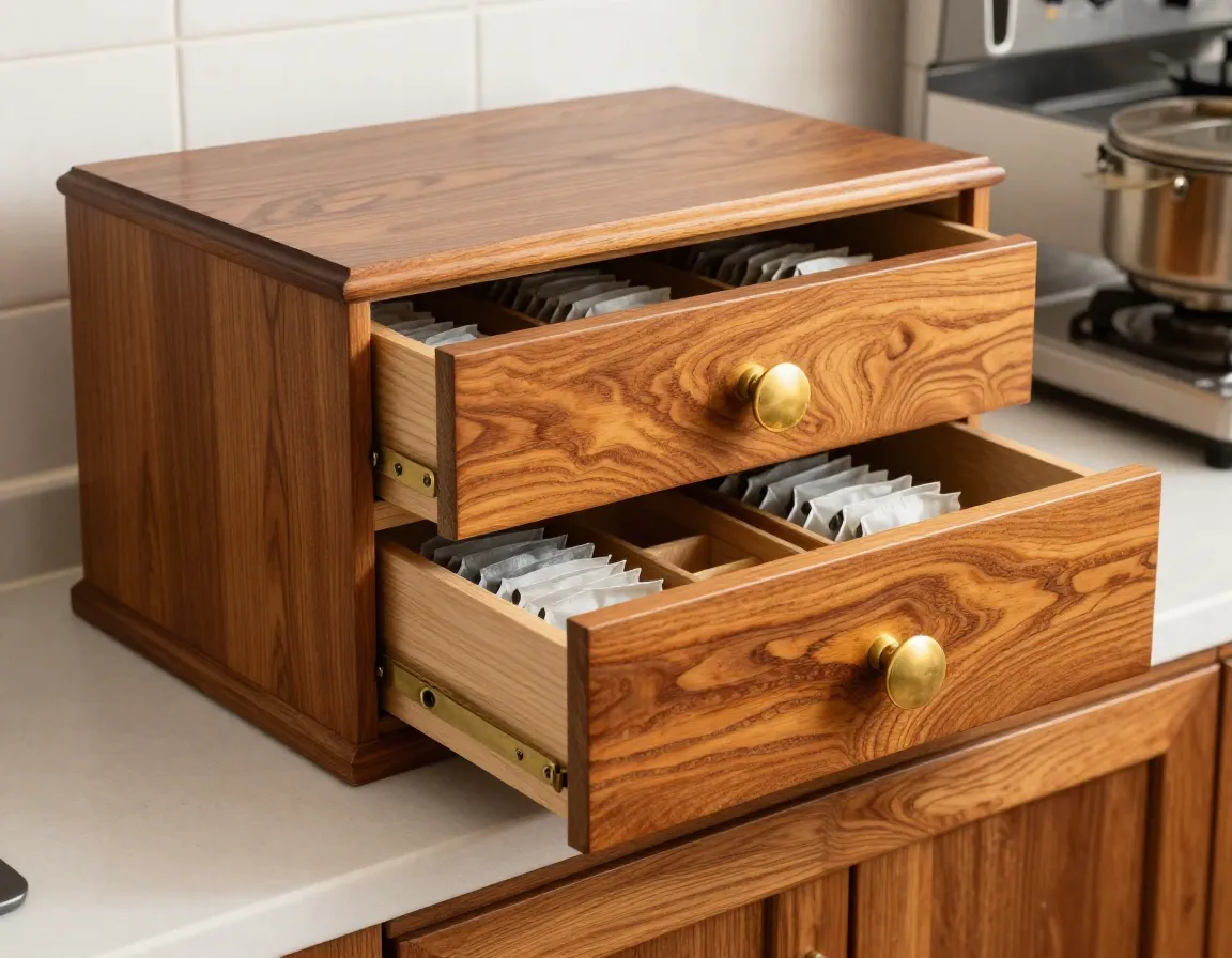 Acacia wood drawer style tea chest with brass hardware open