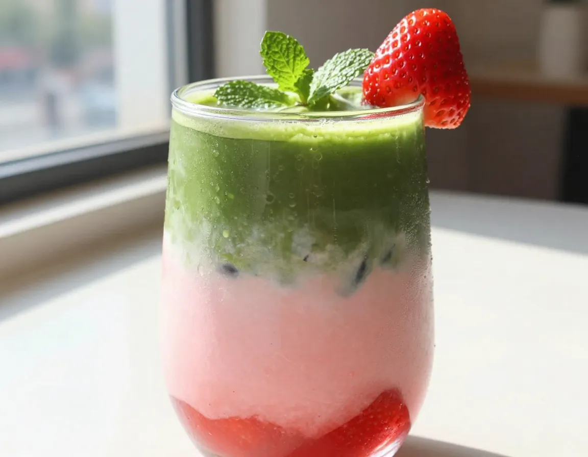 Layered pink strawberry puree and green matcha latte in a glass