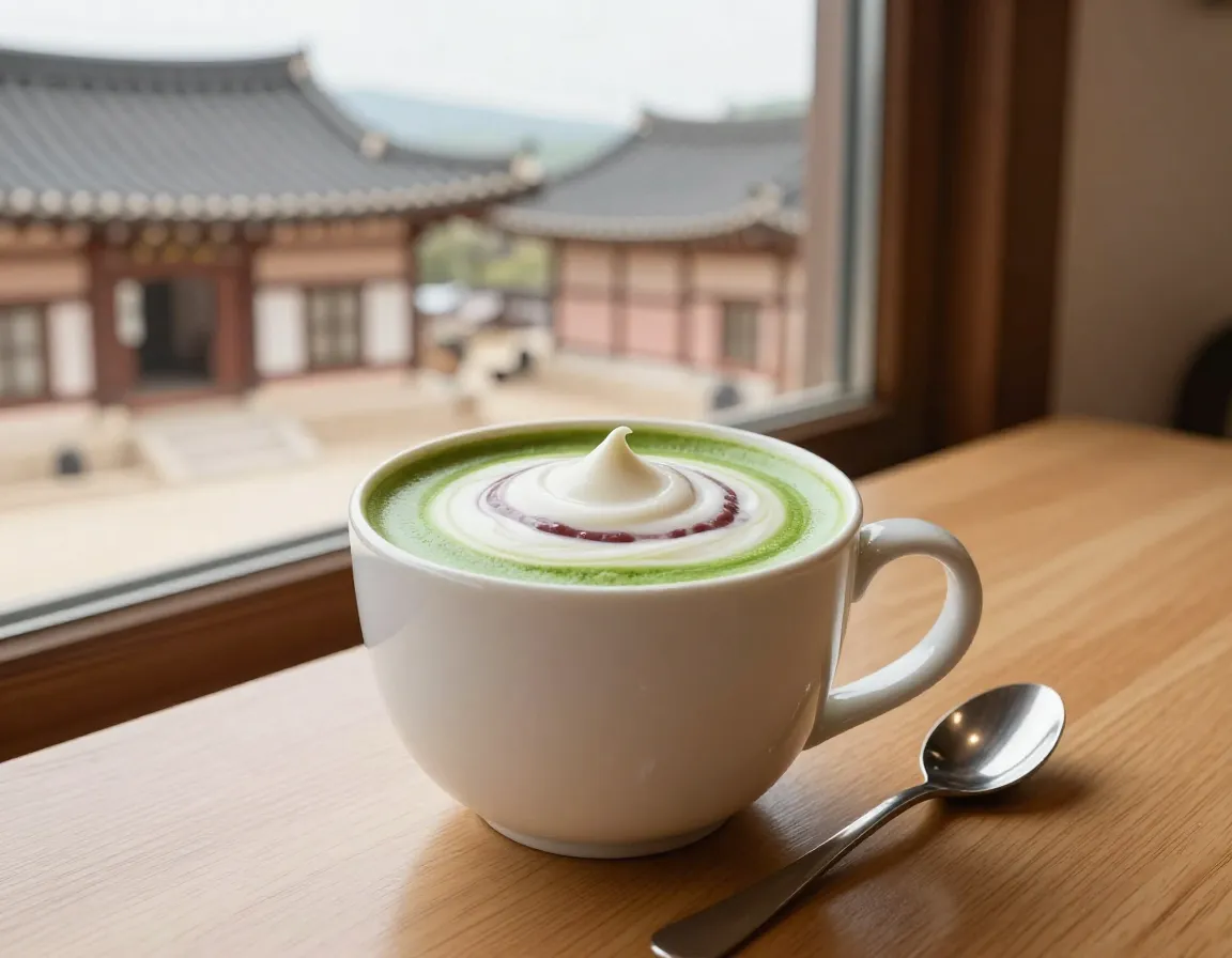 Mugwort latte with red bean cream at a hanok cafe near gyeongbokgung