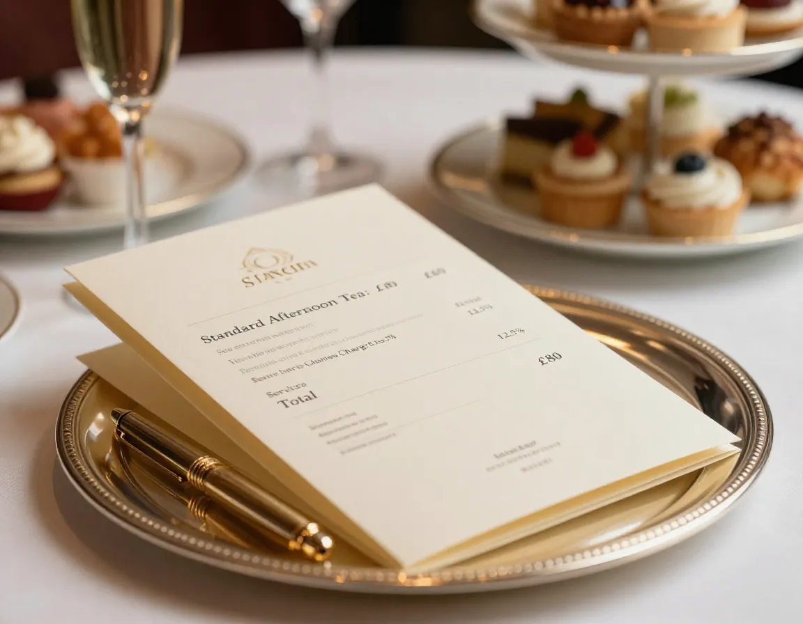 Elegant afternoon tea bill with itemized costs and service charge