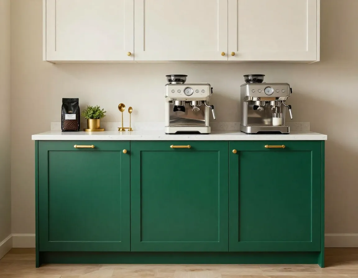 Two tone cabinet coffee station with deep emerald green base