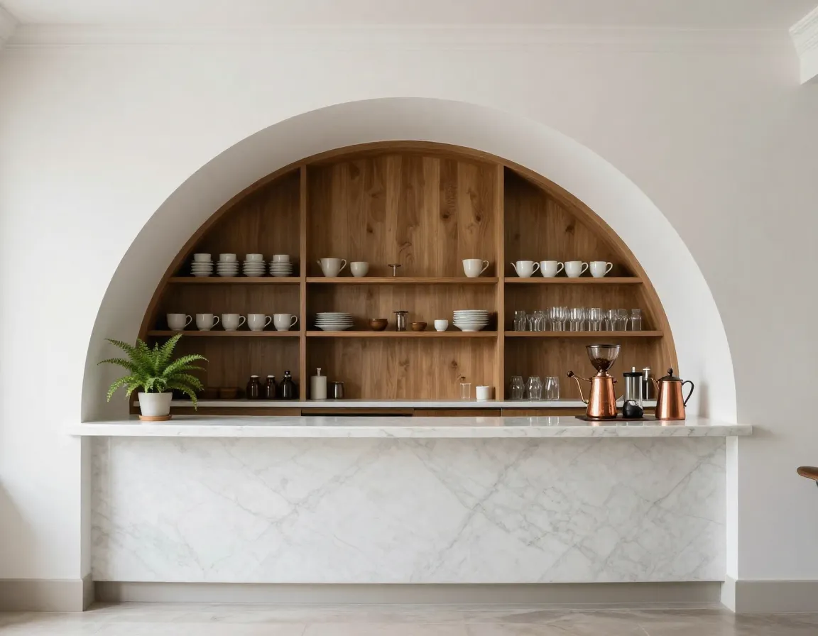 Arched coffee bar with white marble counter and open shelving