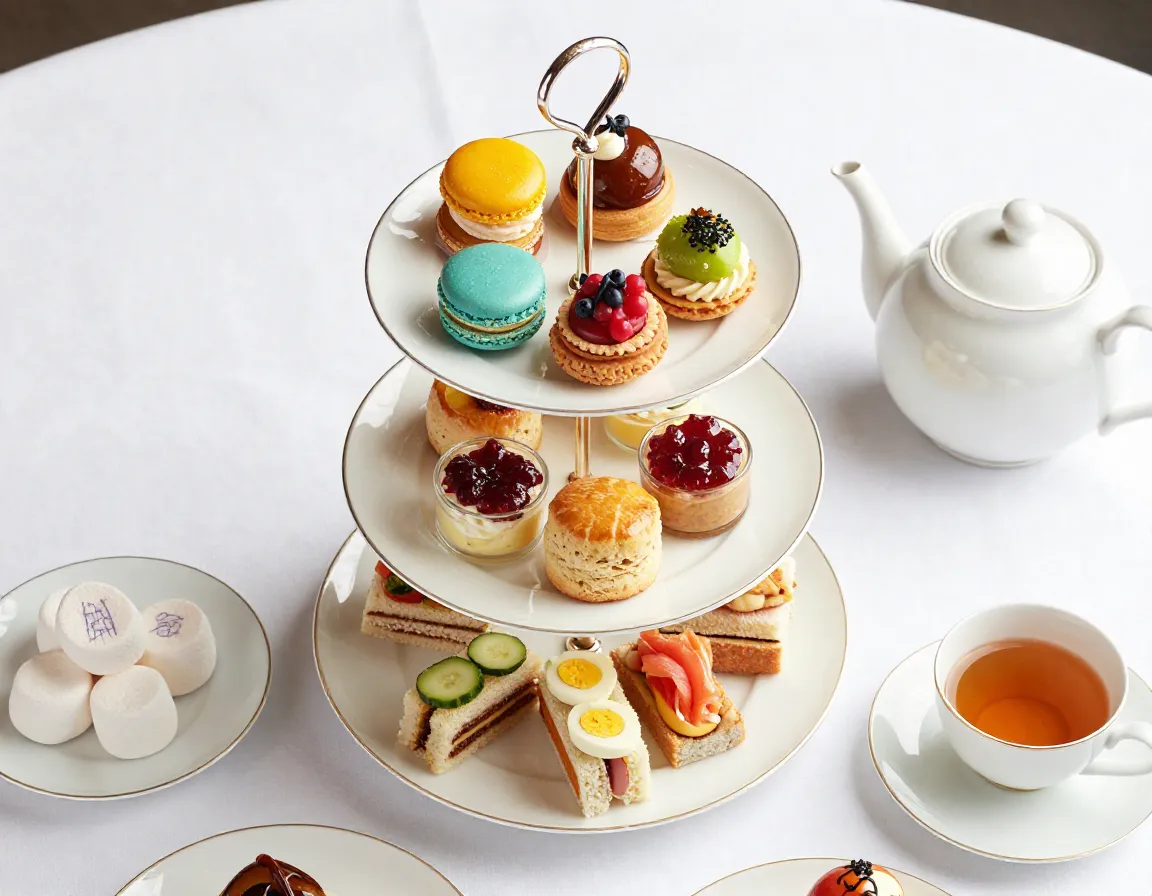 Chef pierre gagnaires artistic pastries and finger sandwiches on tiered stand