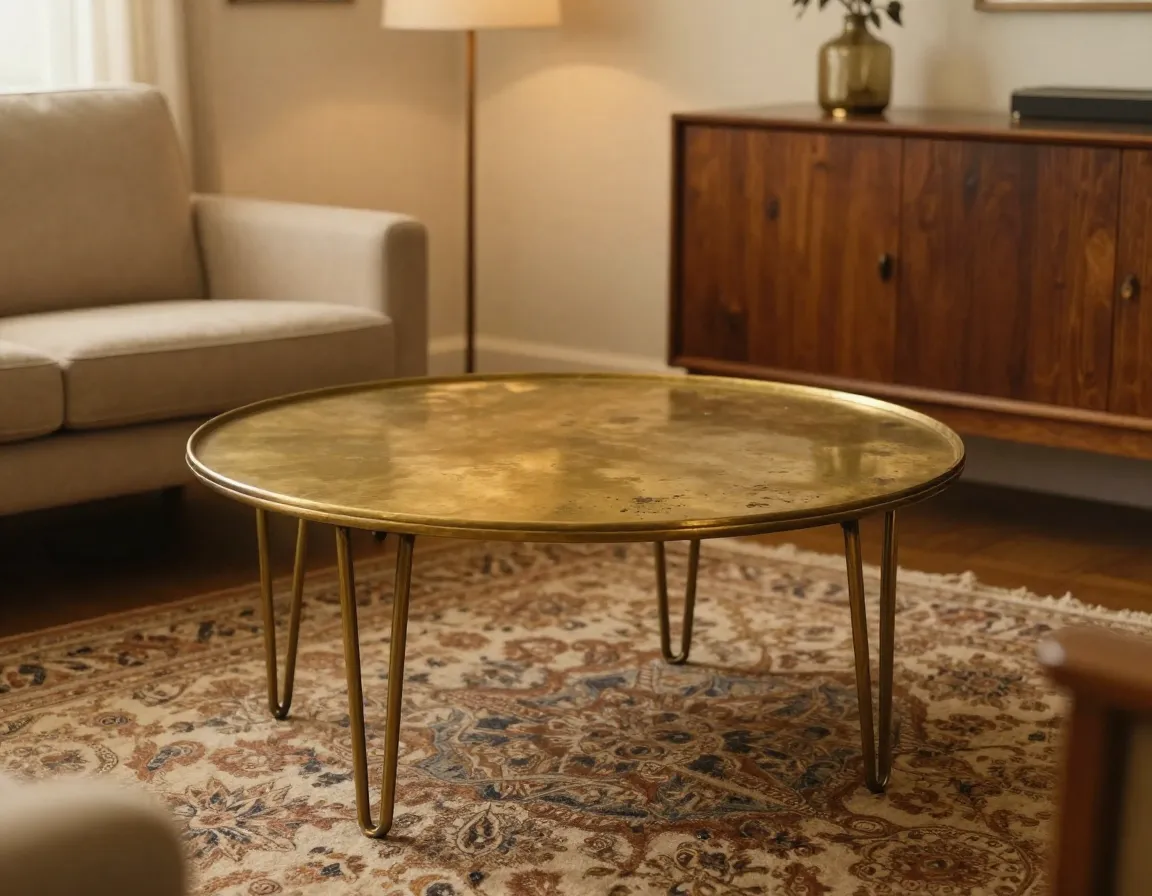 Vintage brass coffee table with hairpin legs in a mid century modern room