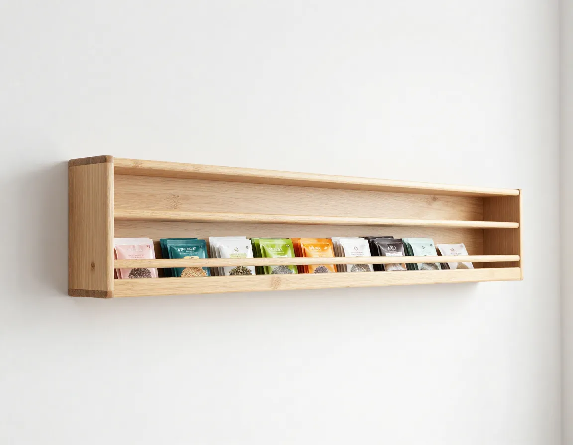 Wall mounted wooden tea display shelf in a minimalist kitchen