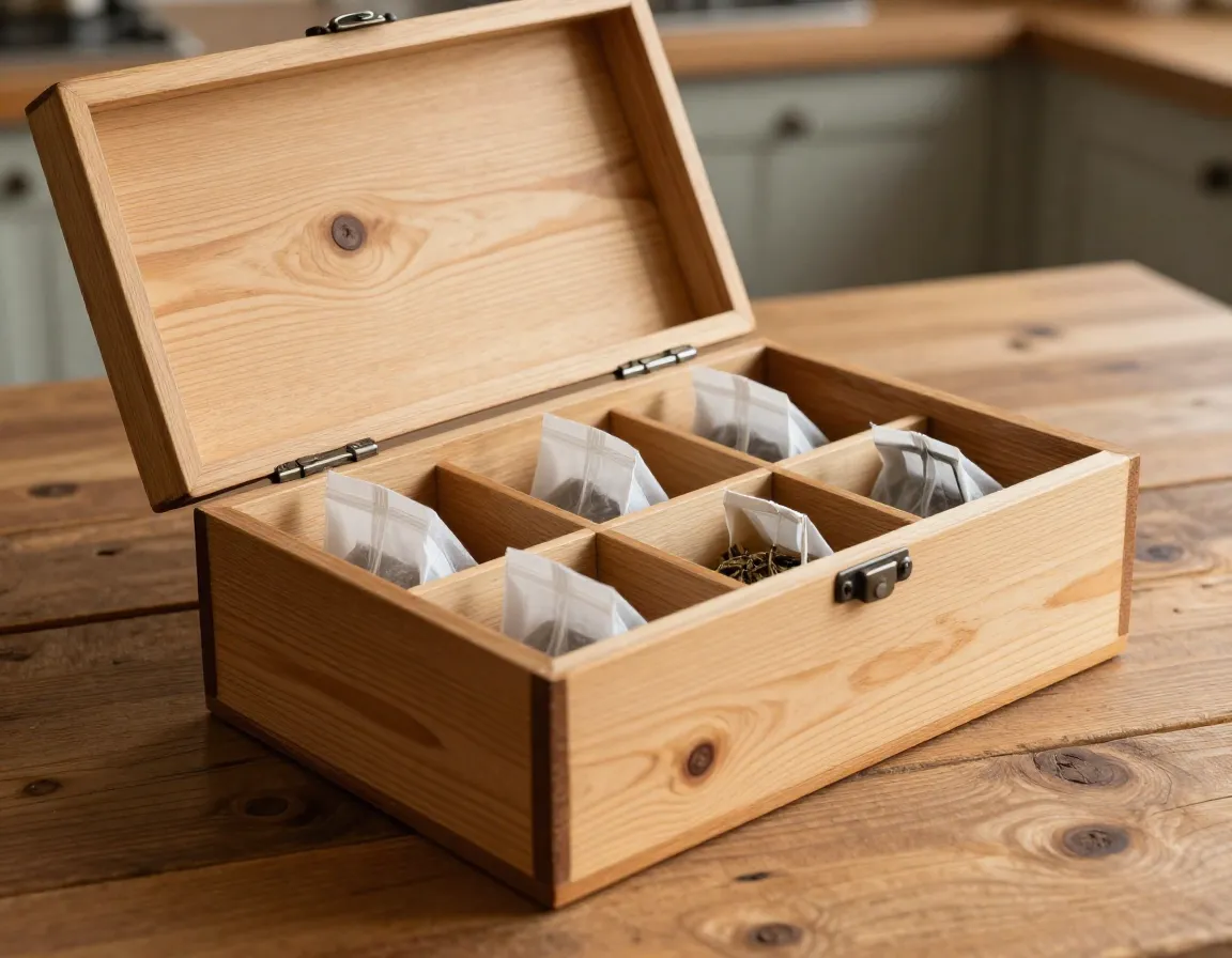 Rustic pine tea storage box with hinged lid open