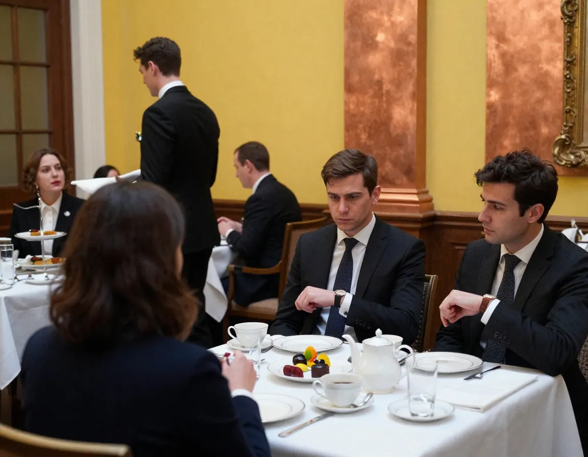 Waiter neglecting tea refills for guests at an elegant afternoon tea table