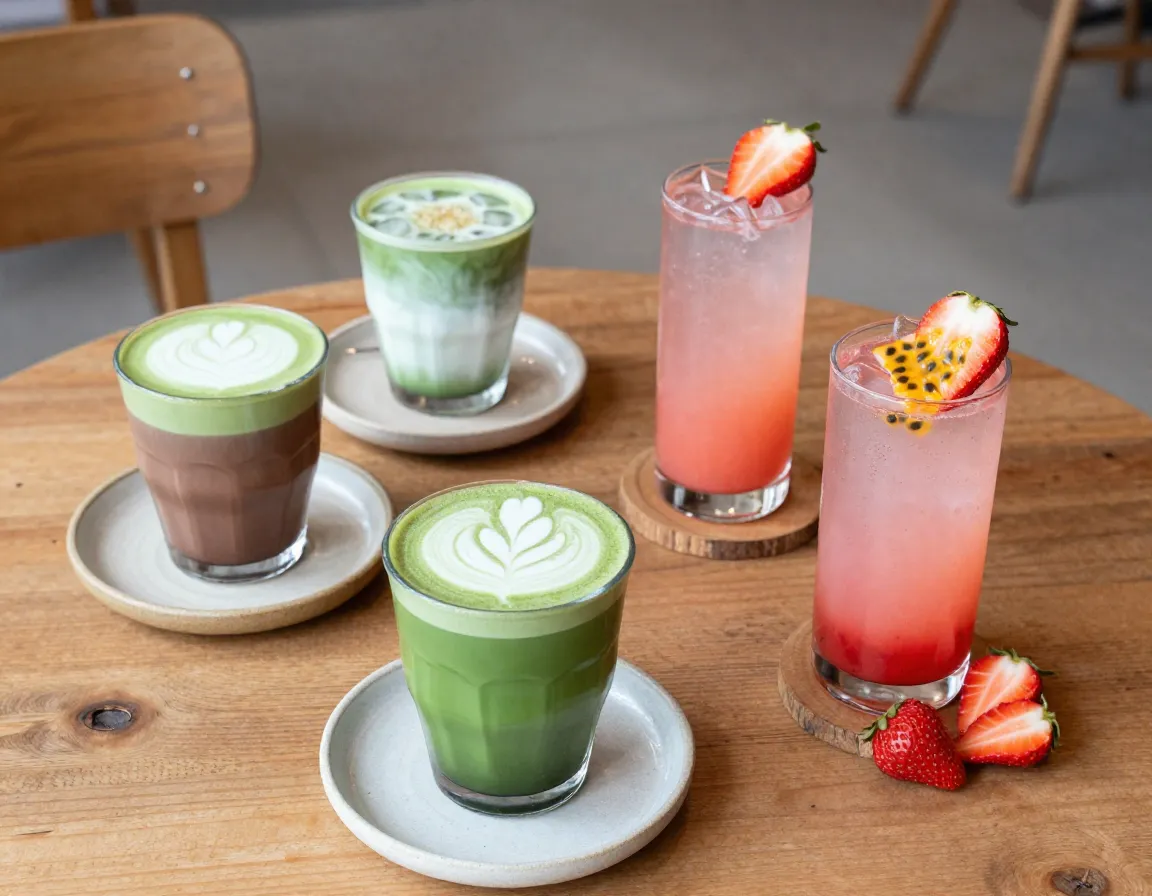 Innovative matcha chocolate latte and strawberry passion fruit ade