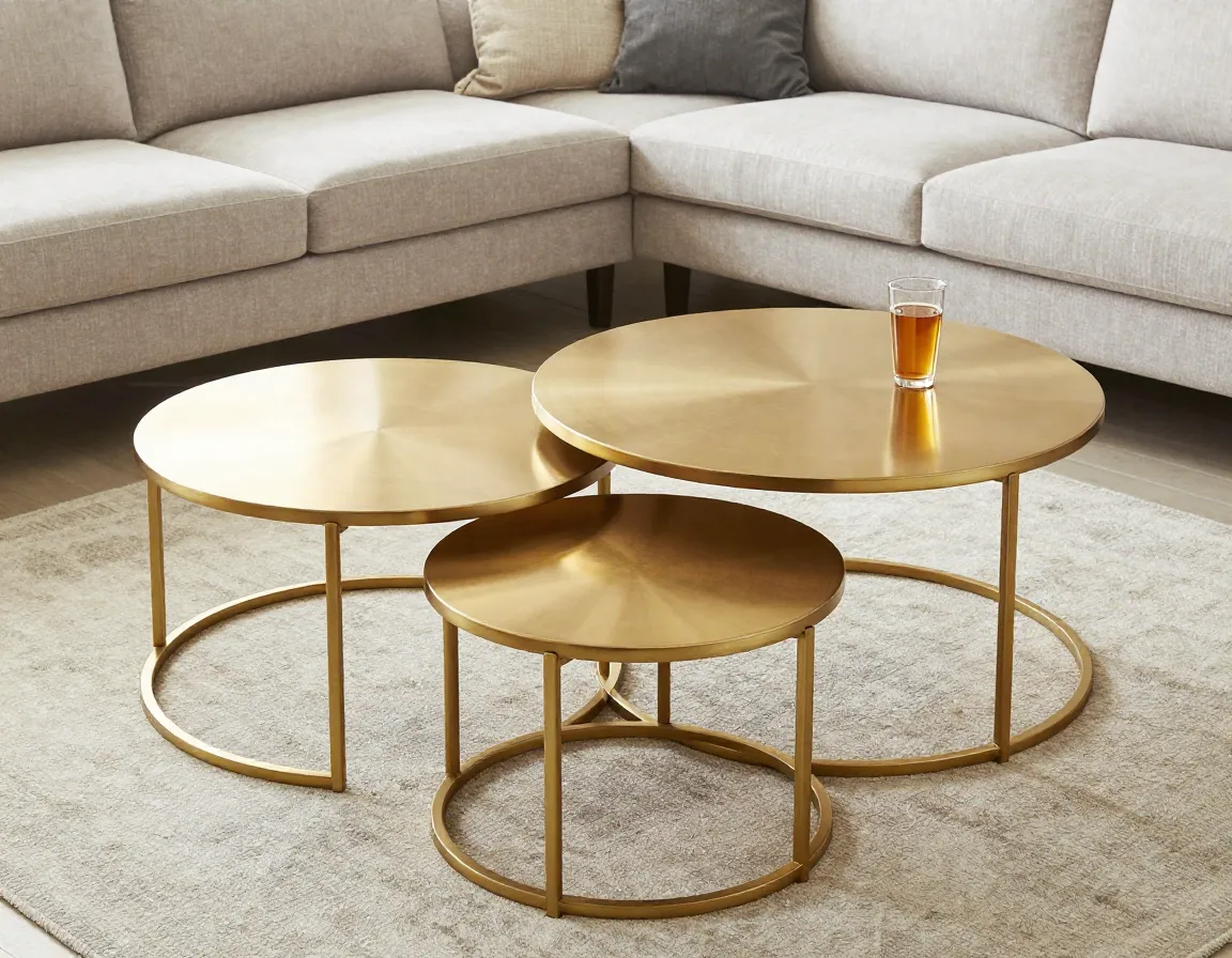 Nesting set of three gold metal coffee tables arranged in a living room