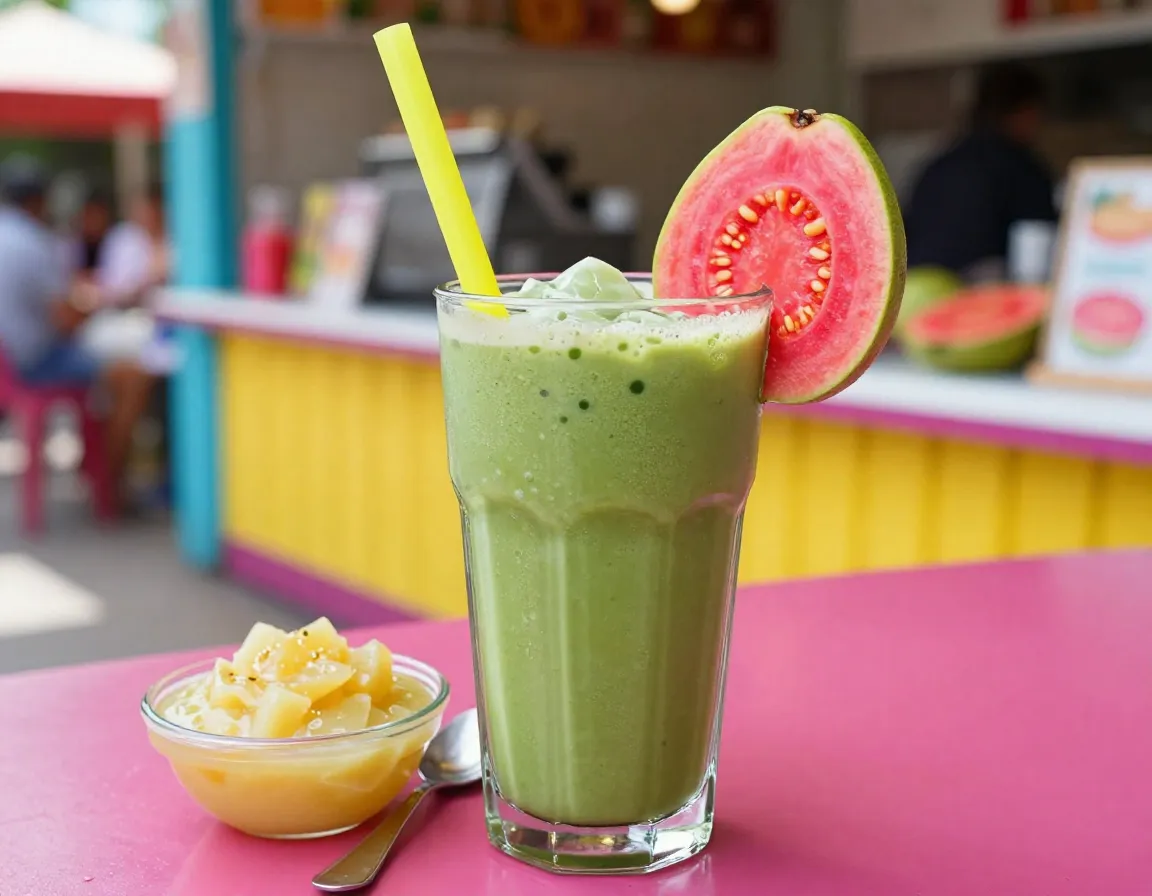 Tropical guava matcha latte with fresh guava slice garnish