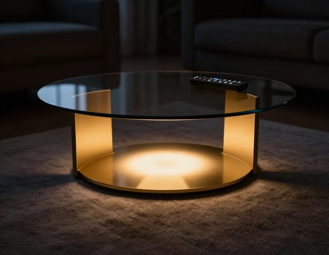 Gold coffee table with integrated led lighting glowing in a dark room