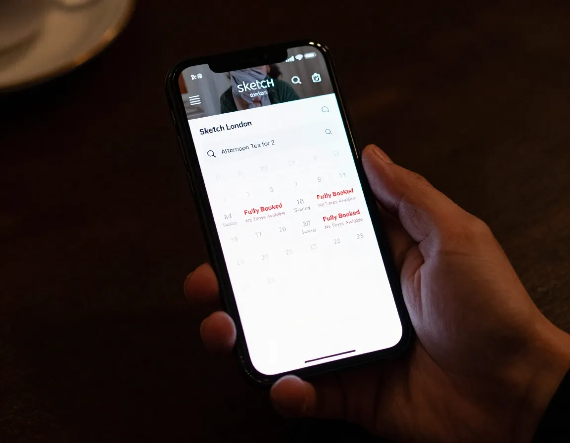 Hand holding phone showing fully booked sketch reservation page for weekends
