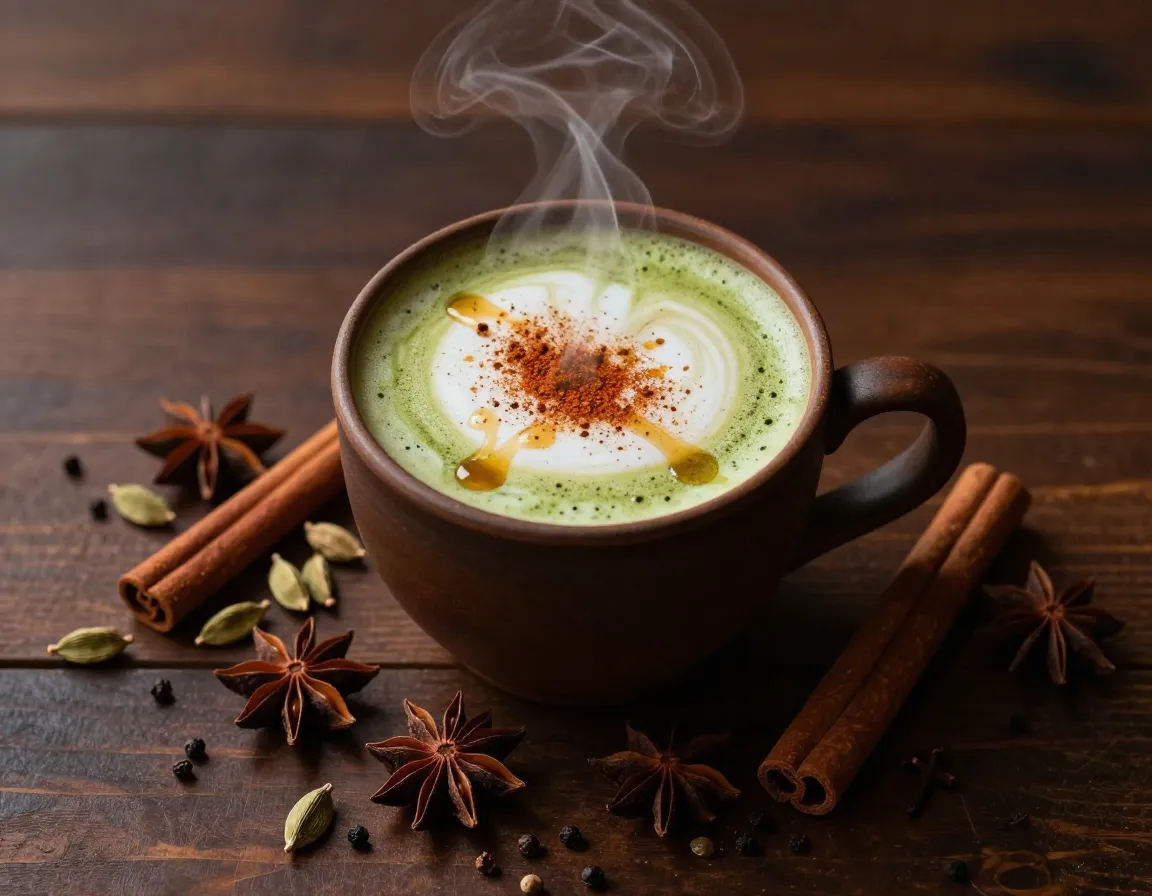Spiced chai matcha latte with whole cardamom and cinnamon