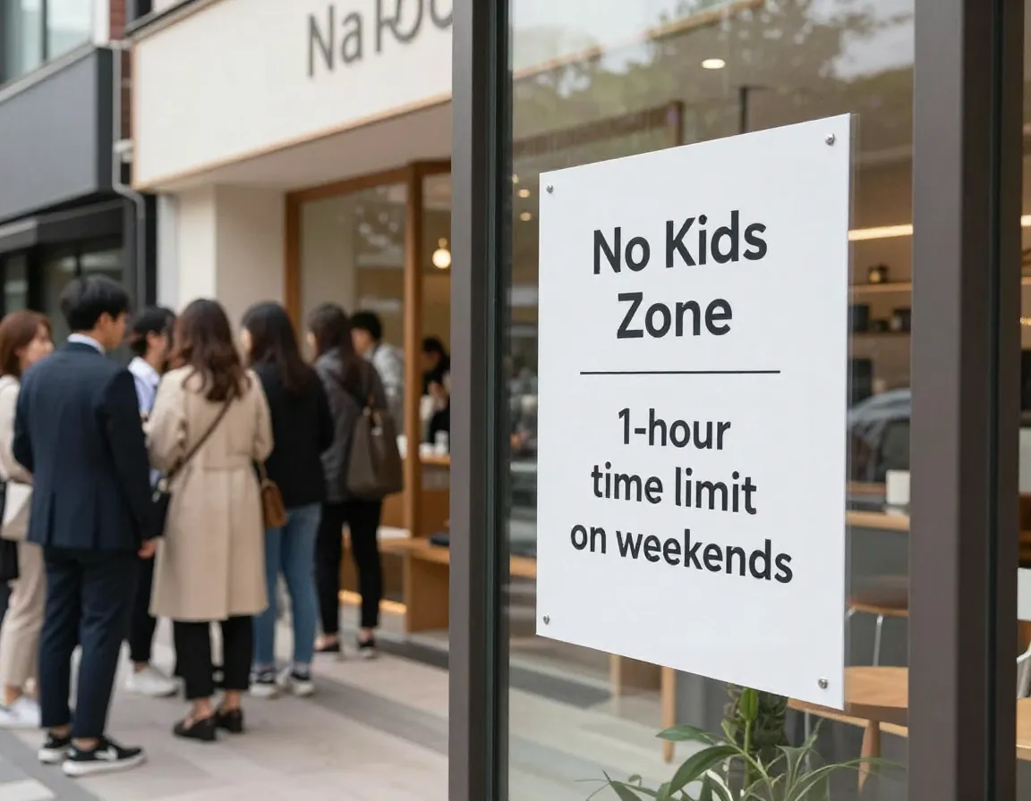 Weekend cafe scene with posted policy sign for time limits