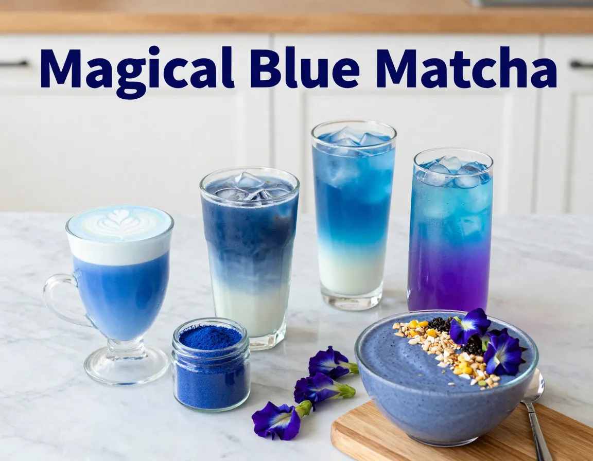 Blue matcha drinks flat lay latte lemonade smoothie bowl