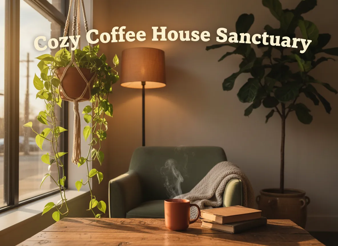 Hygge coffee nook warm earth tones plants armchair books
