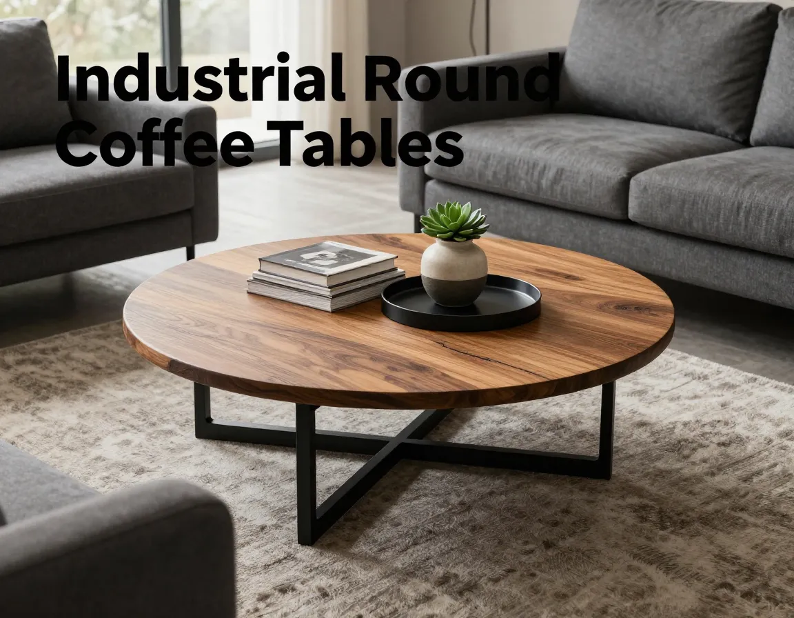 Industrial round coffee table anchors modern living room
