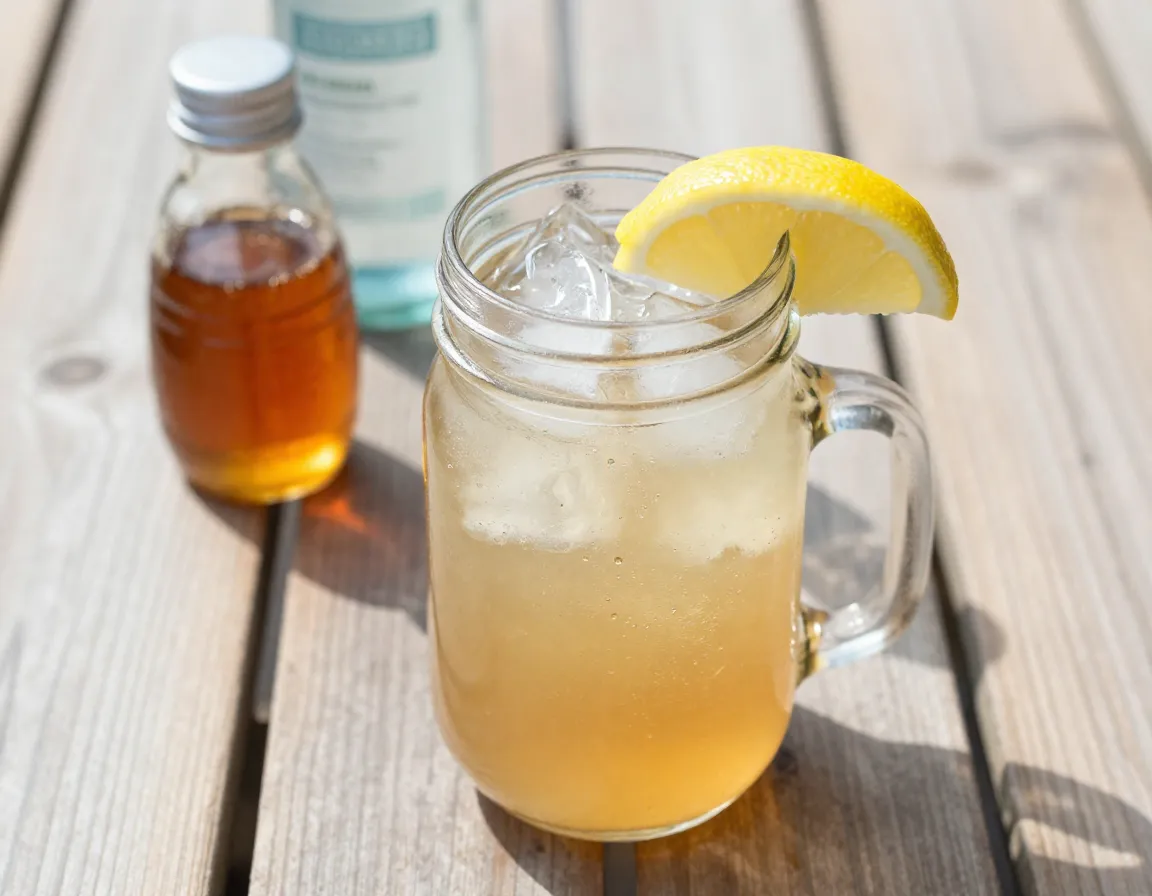 Skinny iced tea cocktail in a mason jar over ice with lemon wedge