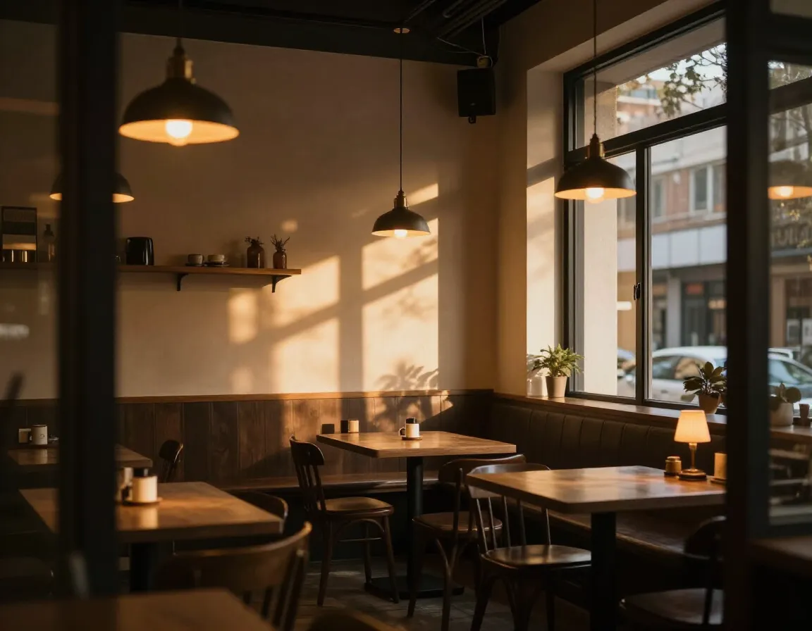 Layered lighting creating intimate moments in a cafe