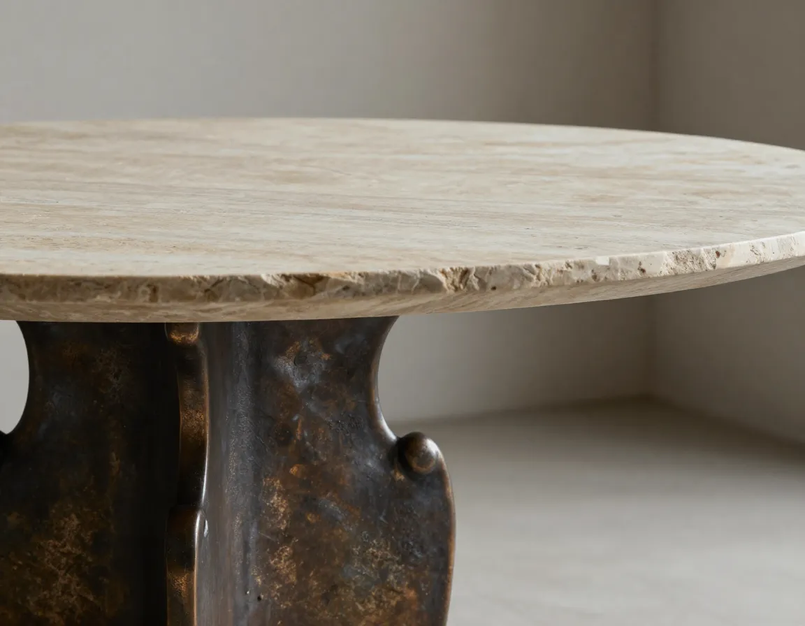 Natural stone slab top with sculptural cast metal pedestal base