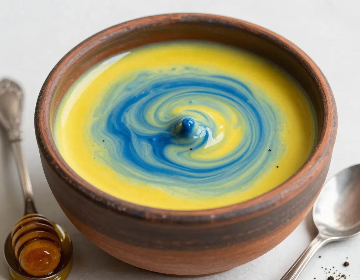 Blue matcha golden milk with turmeric in a clay cup