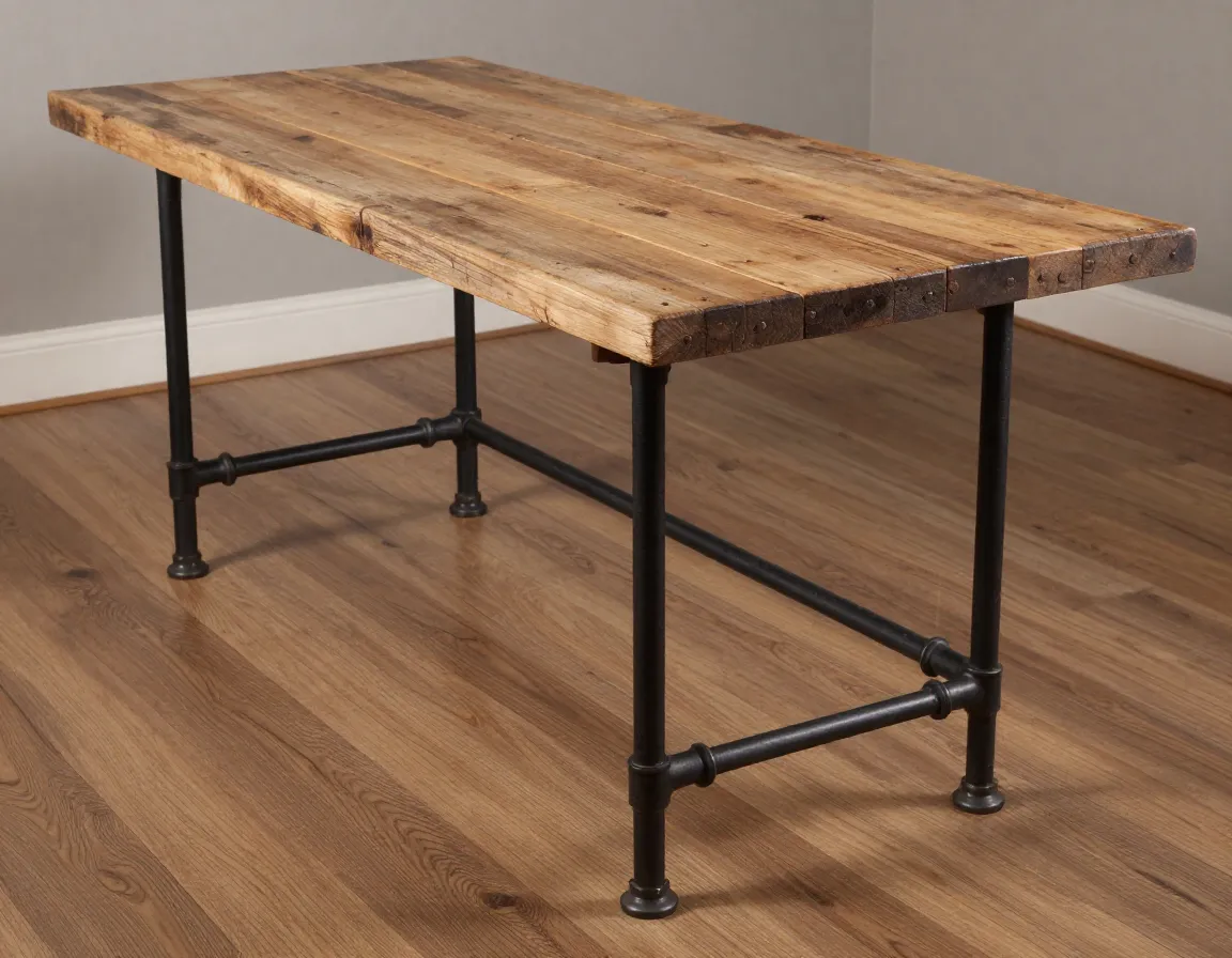 Reclaimed barn wood table top with black iron pipe framework
